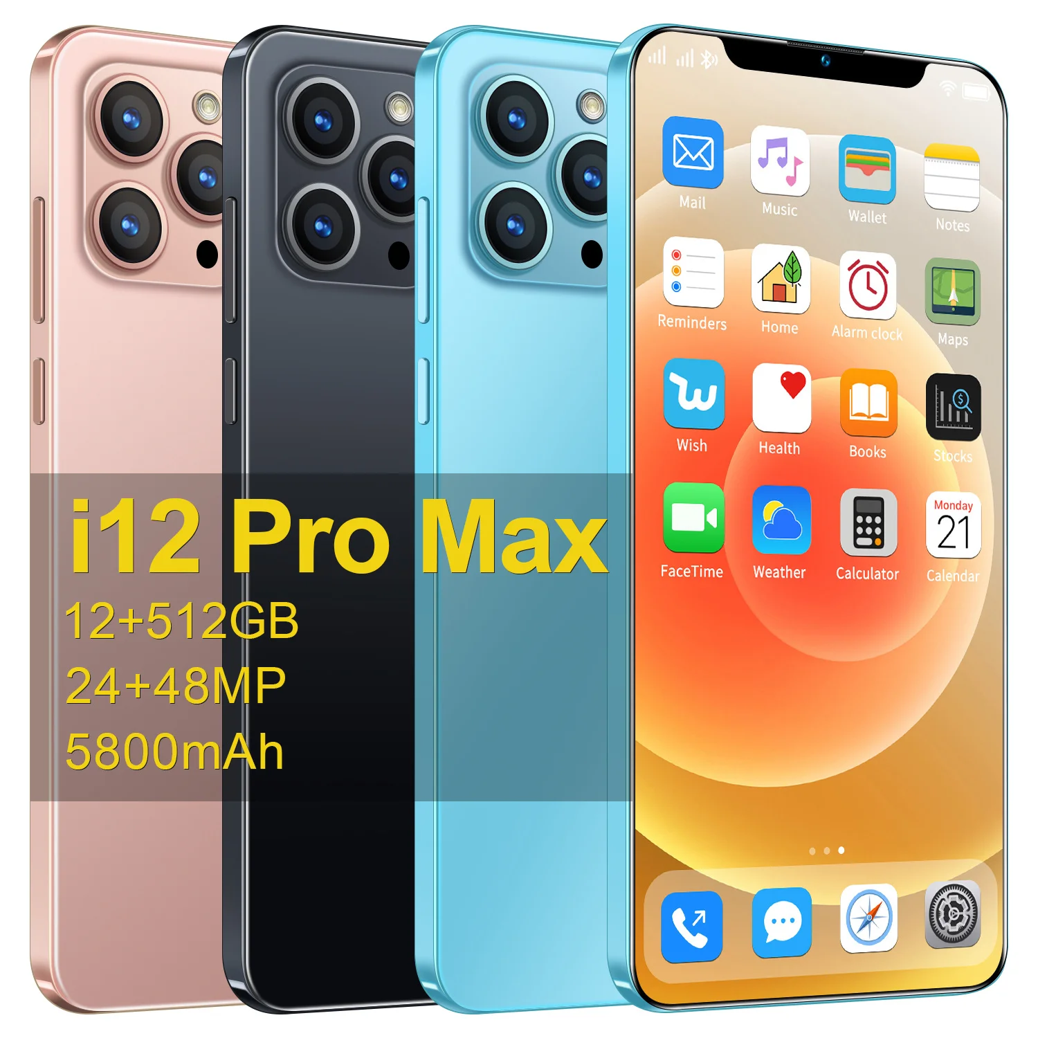 Newest I12 Pro Max 5800mAh Android10.0 48.0MP 12GB 512GB Smartphone Global Version 6.7 Inch 4K HD Screen 4G LTE 5G Mobile Phone