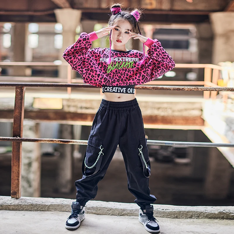 New Jazz Dance Costume Kids Girls Pink Leopard Top Long Sleeves Casual Cargo Pants Hip Hop Dance Clothes Street Rave Wear BL7337