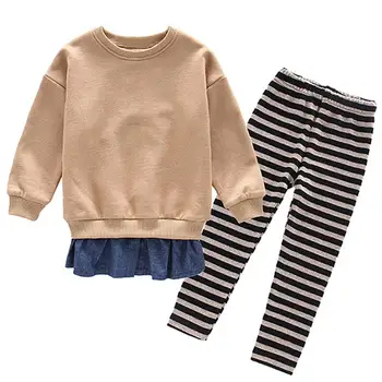 

Children Kids Girls Sweep Joint Cowboy Tracksuit Long Sleeve Cute Tops Stripe Pants Outfits Fashion Set With New Brand