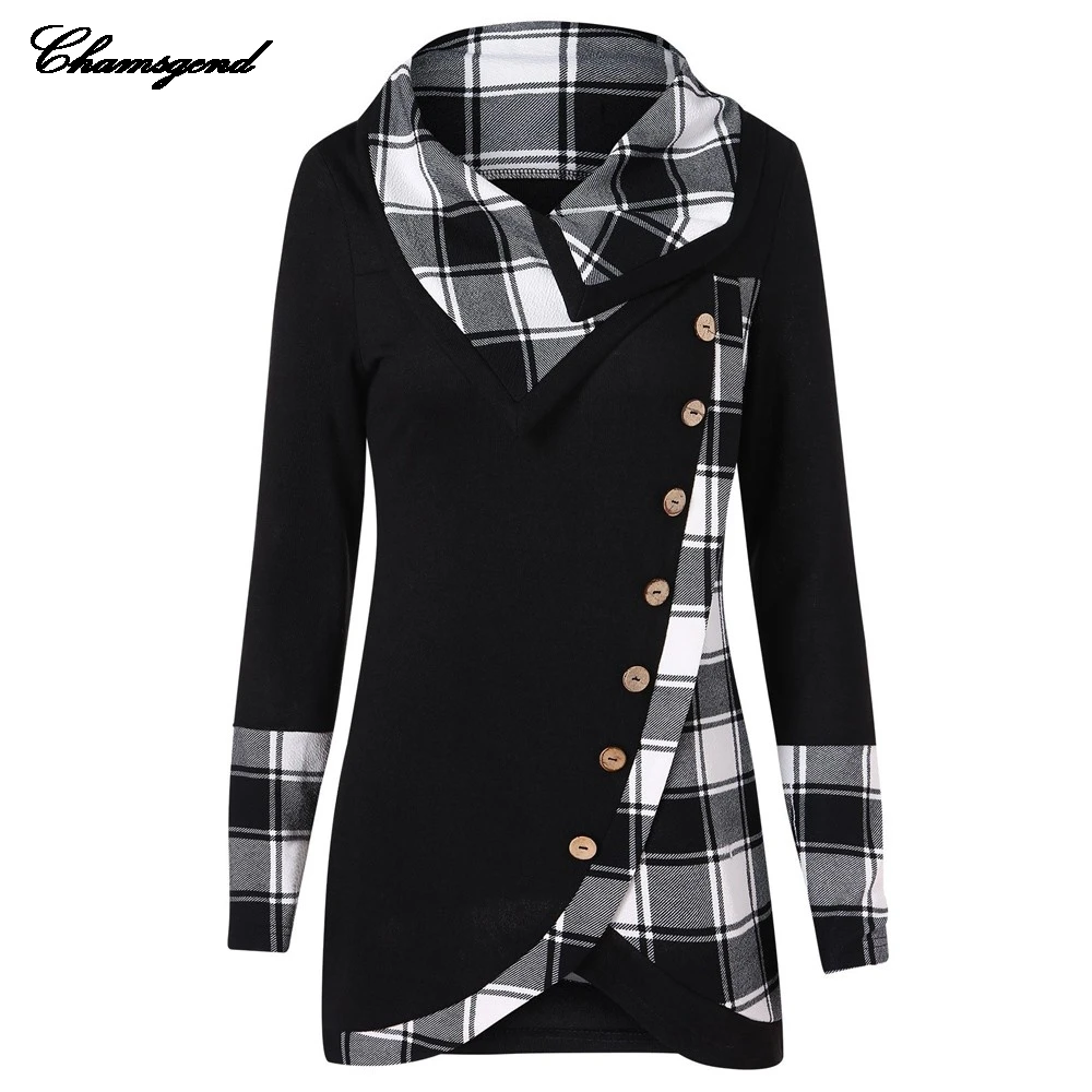

CHAMSGEND Sweatshirts Female Hoodie Women Long Sleeve Plaid Turtleneck Tartan Tunic Sweatshirt Pullover Tops Autumn Hooded