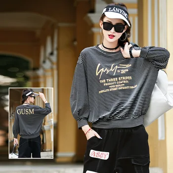 

Fashion Spring Embroidered Alphabet Pinstripe Large Size Long Sleeve T Shirt Loose Casual Long Sleeve O Neck Shirts Tide