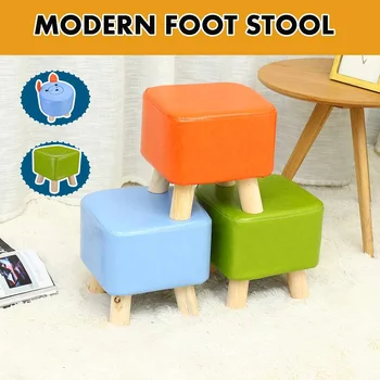 

Cartoon Round Wooden Footstool Ottomans Nordic Square Pouffe Stool Upholstered PU Foot Rest Padded Seat Living Room Decor