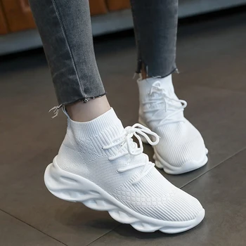 

Black White Yellow High Top Sneakers Women Chunky Trainers Trendy Ladies Mesh Breathable Elastic Upper Vulcanized Shoes