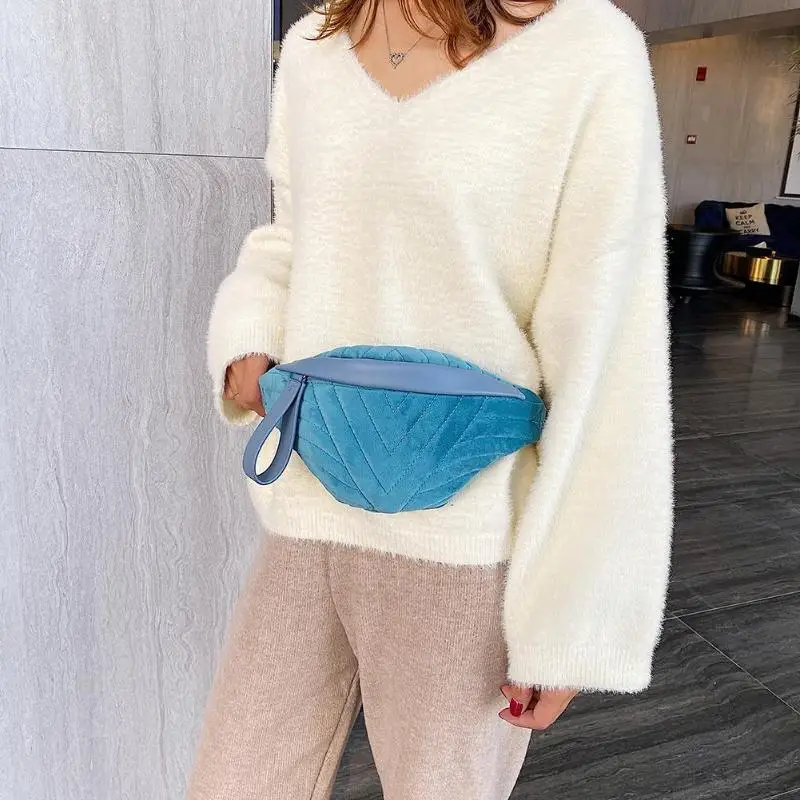 

New Fashion Handbags Delicate Texture Solid Color Waist Belt Pack Women Plush Shoulder Messenger Bags Zip Chest Purse