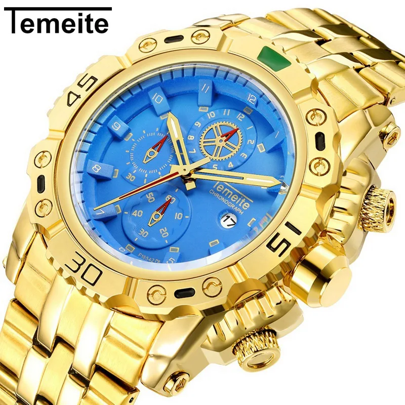 

Creative Golden Men Quartz Wristwatches 3D Dial Design Full Steel Calendar Waterproof Big Watches TEMEITE Top Brand Luxury Clock