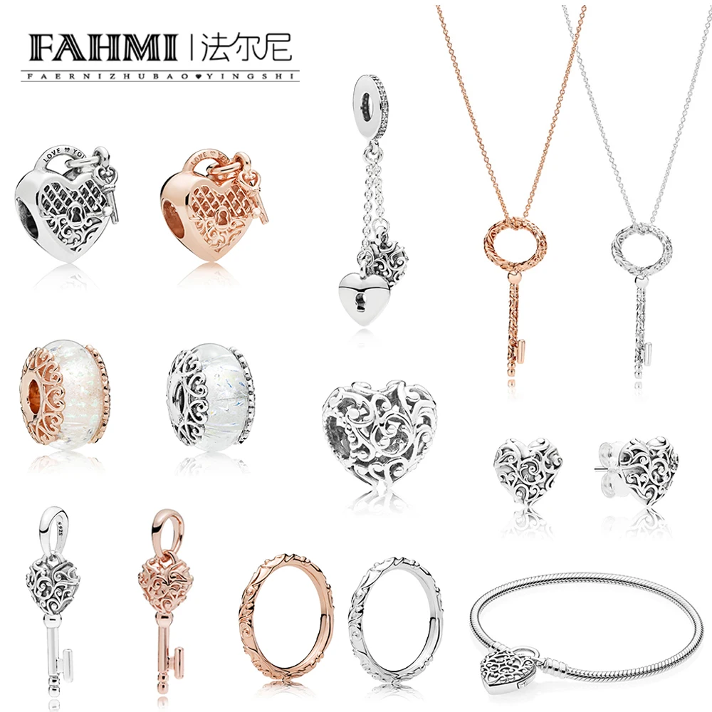 

2019 100% 925 Sterling Silver Rose Regal Beauty Ring HEARTS EARRING Key Necklace Pendant BRACELET LOVE YOU LOCK CHARM Original