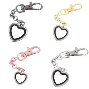 

10pcs/lot Big Heart With Rhinestones open locket Key Ring twist Memory Living Magnet Glass Keychains Locket for Floating charms