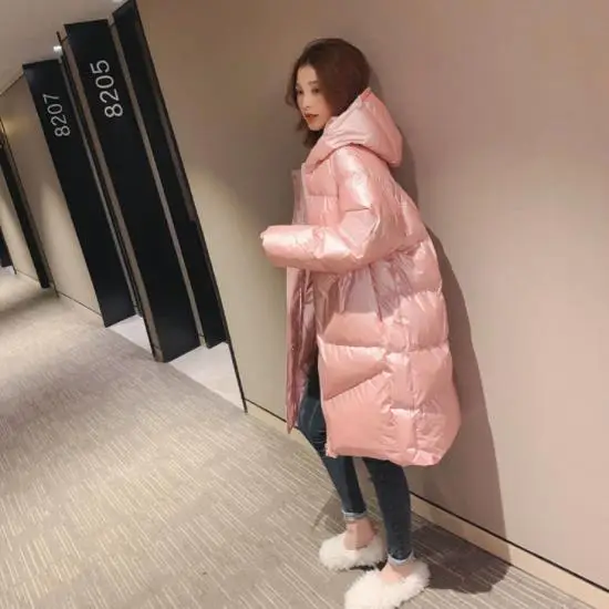 JuneLove solid winter women Hooded Thick Down Parka lady warm minimlist long pink Outerwear korea female Cotton-padded outwears