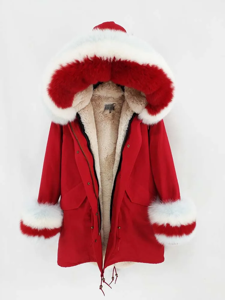 Red with cuffs Зимняя куртка женская длинная парка натуральный Лисий меховой капюшон, воротник пальто Верхняя одежда Съемная уличная Новая мода - Цвет: Red with cuffs