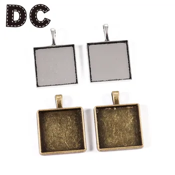 

10pcs/lot Blank Ancient Green/silver Square Tary Fit 25mm Square Cabochon Cameo Setting DIY Necklace Jewelry Making