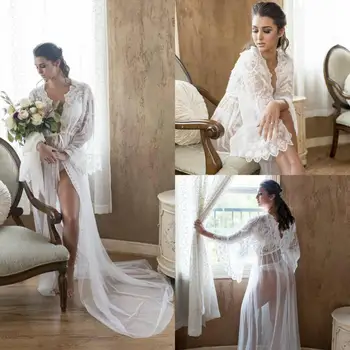 

Sexy See Through Nightgown Robes Long Sleeves Summer Lace Women's Ladies Bride Robe Bath Robe Custom Made