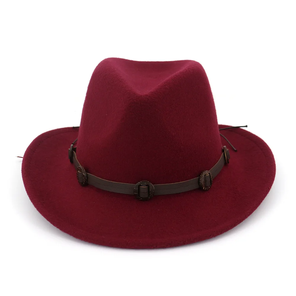 6 цветов, джазовая фетровая шляпа от солнца для мужчин и женщин, фетровые шляпы с лентами, ковбойская шляпа в западном стиле, черная шляпа-котелок для мужчин и женщин, AE0001 - Цвет: Wine red