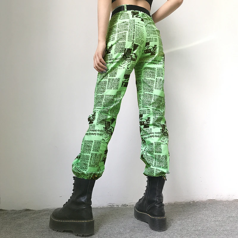 HEYounGIRL газетный Принт Свободные женские штаны повседневные зеленые Harajuku джоггеры женские эластичные брюки с высокой талией женские уличные