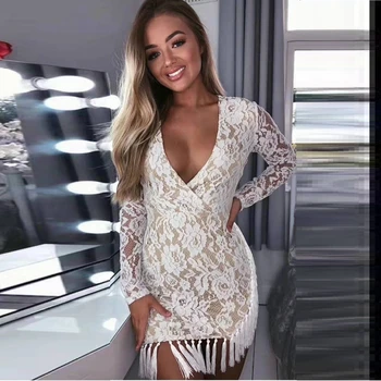 

2019 New Elegant White Patchwork Lace Tassels Long Sleeve V neck Bodycon Mini Club Bandage Dress Vestidos Good Quality Party