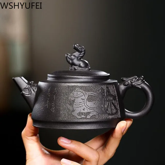 Nagy Kapacitás 350 Ml Yixing Tea Edény Lila Agyag Teáskanna Szépség Vízforraló Nyers Érc Fekete Iszap Kézzel Készített Szett Testreszabott Nyakkendő Guanyin - Image 4