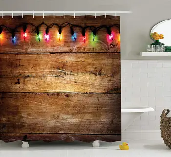 

Vintage Decor Christmas Lights On Wooden Background Western Celebration Decor Peace Polyester Fabric Bathroom Shower Curtain