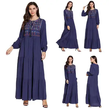 

Abaya Muslim Women Pleated Long Dress Loose Kaftan Islamic Party Robe Gown Jilbab Arab O-neck Long Sleeve Autumn Blue Dress New