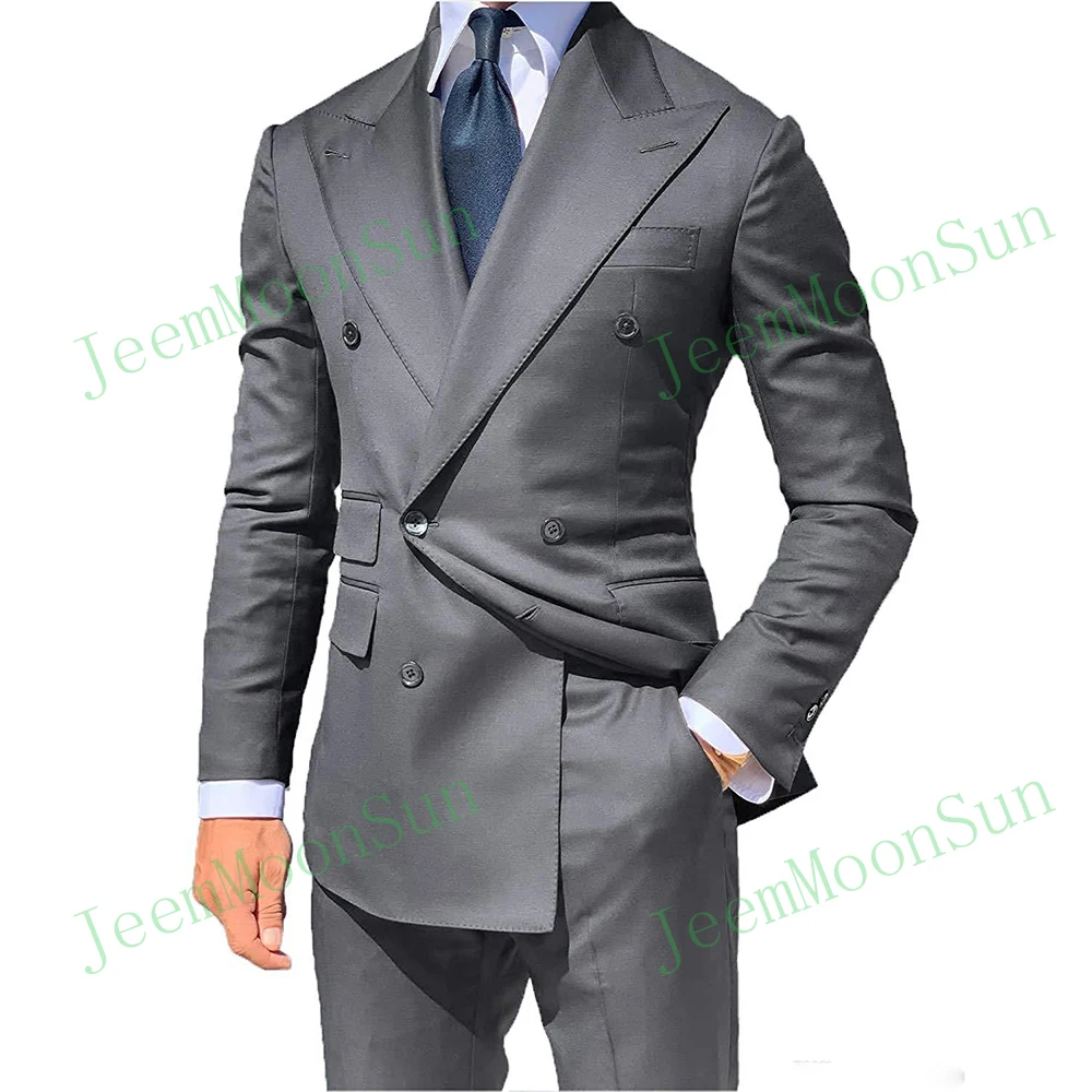 

Tailor Made Grey Men Suits Peak Lapel Men Blazer Two Piece Jacket Black Pants Slim Fit Groom Wedding Tuxedos Costume Homme