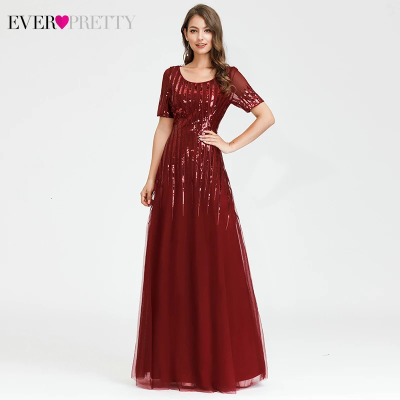 Элегантные бордовые вечерние платья Ever Pretty, расшитые блестками, а-силуэт, круглый вырез, короткий рукав, в полоску, тюль, блестящие вечерние платья Vestidos