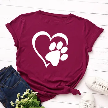 

Harajuku Dog Paw Heart Print Women Tshirt Cartoon Cotton Funny T Shirt Basic Ladies Tee Plus Size Tops Streetwear Woman Clothes