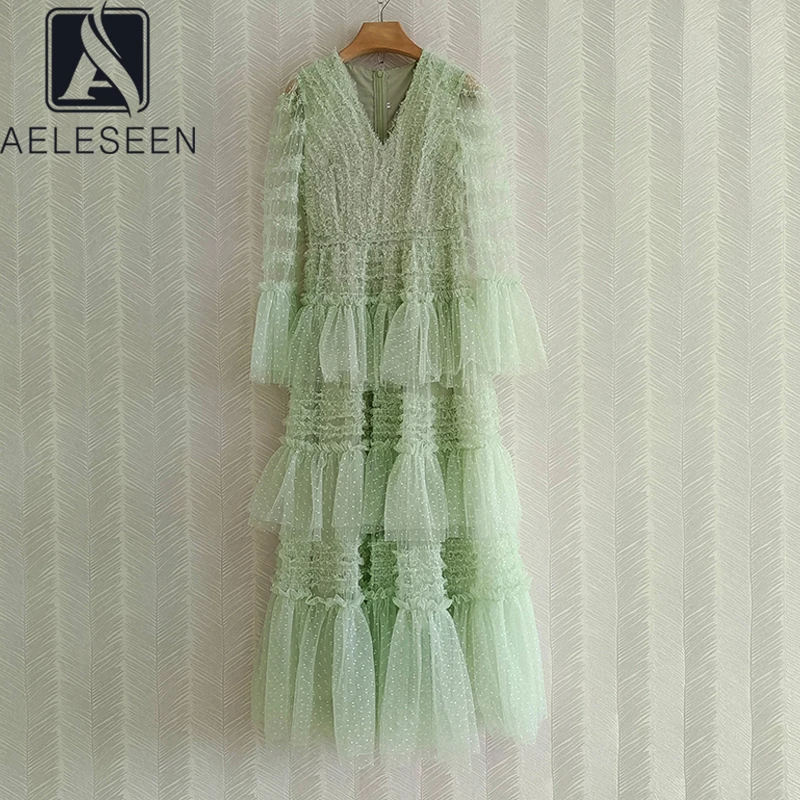 AELESEEN High Quality Sage Green Layered Tulle Dress Long Sleeve VNeck