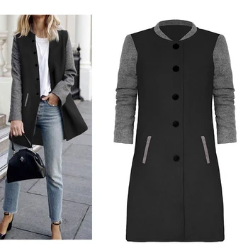 

2019 Patchwork Thin Wool Blend Women Coat Single Breasted Coats Elegant Pocket Knee Length Outerwear Women Autumn Trench Coats