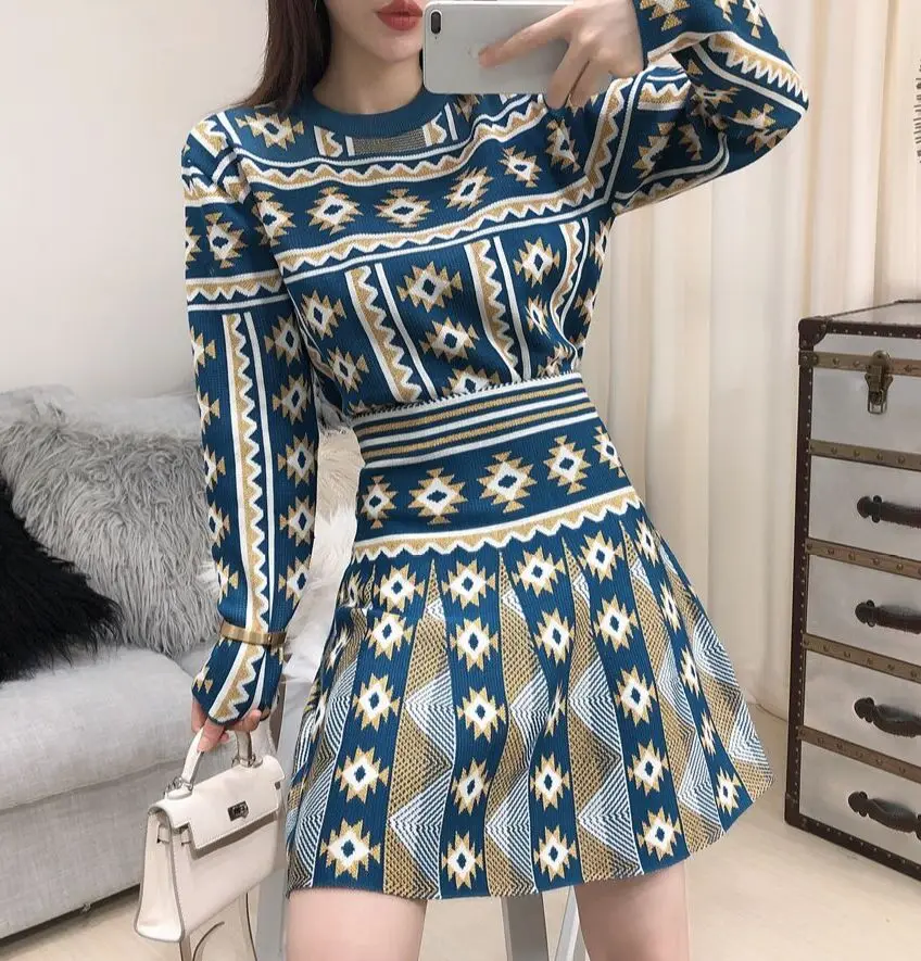 

Knit Bright Silk Embroidery Pattern Long Sleeve Sweaters Tops+Elastic High Waist Ruched Skirts Women Office Work Autumn Sets