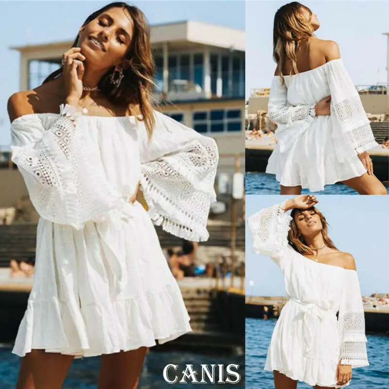 Boho Summer Dress Women New Stitching Slash Neck Flare Sleeve Dress Ladies Vestito Solid Color Beach Mini Dress Lady Sundress