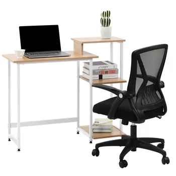 

Computer Desk With 3 Tier Storage Shelves Bookshelf Office Laptop Table With Steel Frame for Home Workstation Writting Furniture