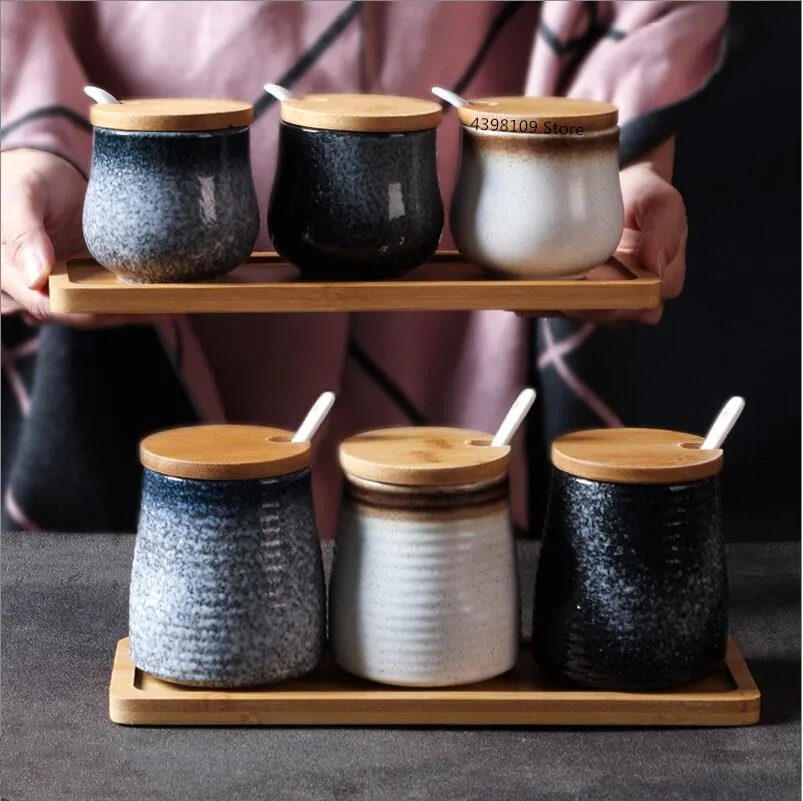 Японский стиль керамический набор банок для приправ бытовой с крышкой соль сахар приправа банка кухонные принадлежности приправа ящик для хранения