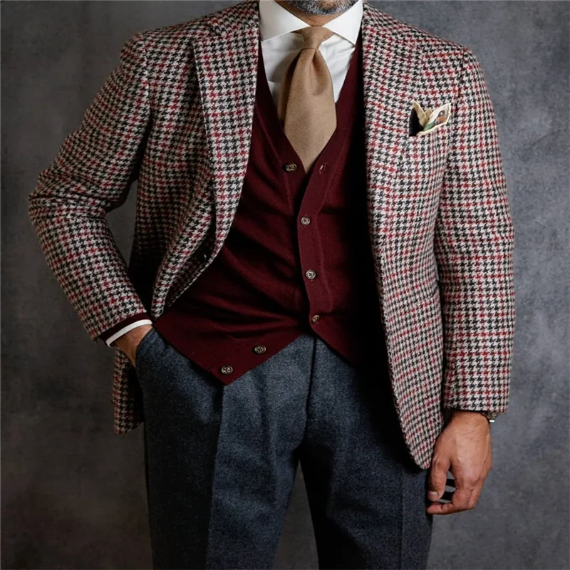 One Piece Houndstooth Men Suits Wool Fashion Made Lapel Business Jacket