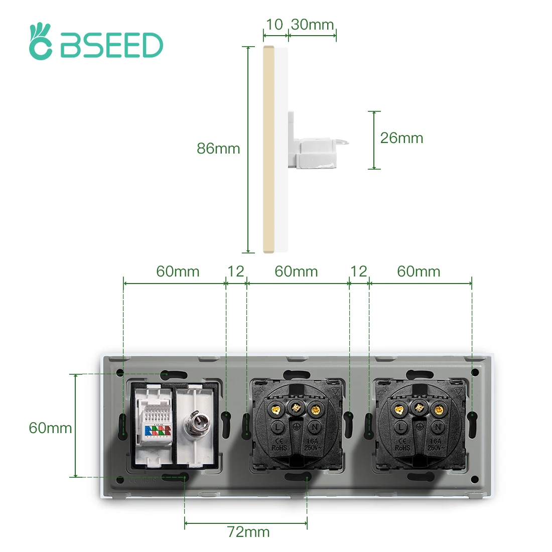 Bseed 유럽 표준 이중 벽 소켓, TV 컴퓨터 플러그 소켓, 크리스탈 유리 패널 포함 트리플 USB C타입 충전 포트