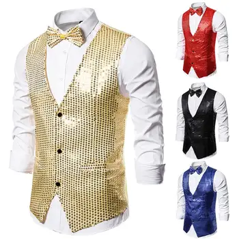 

Chic Men Solid Color Single-breasted Sequins Bowknot Vest Back Strap Waistcoat