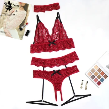 

Leechee Women's Transparent sexy bra set 4 PCs Lingerie set Fashion Red Unlined Cute Bow sexy Lace underwear Wire Free Bralette