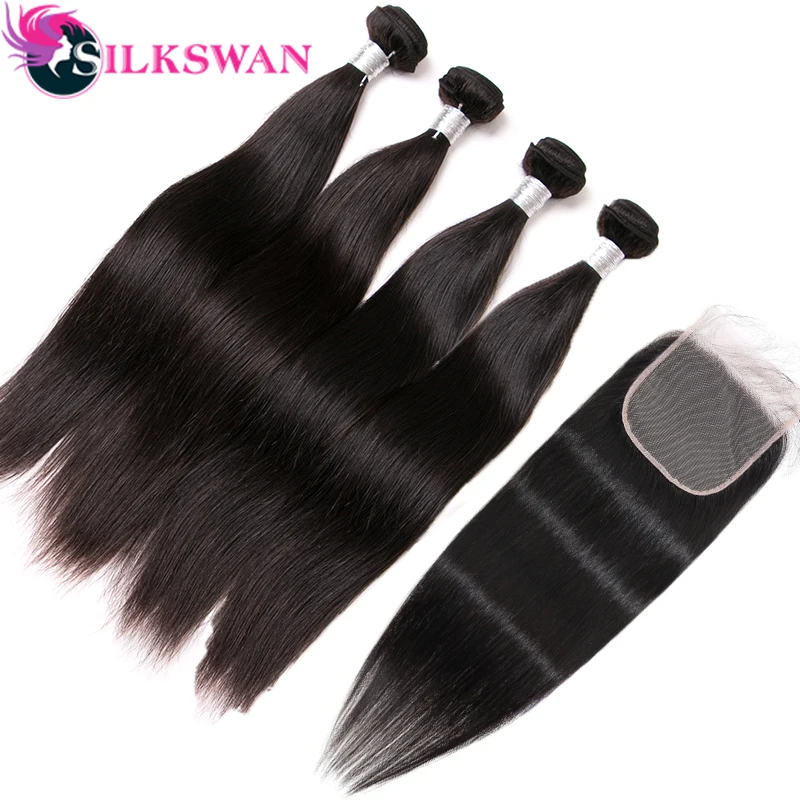 

Silkswan 30-40 Inch Long Straight Natural Black 4 Bundles With 5x5 Transparent Lace Closure Peruvian Remy Hair Free Shipping
