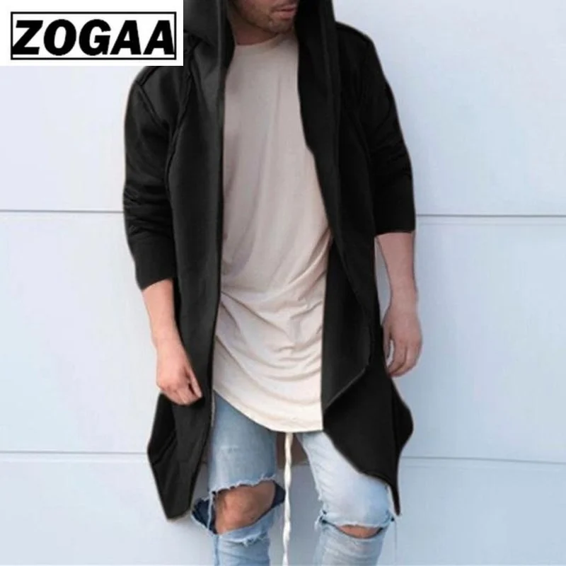 ZOGAA, длинная однотонная ветровка с капюшоном, модные повседневные мужские пальто с открытой строчкой, мужские пальто и куртки, 3 цвета, размера плюс S-3XL