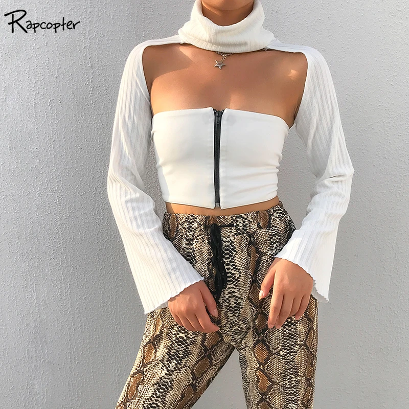 

Rapcopter White Solid Streetwear Short Sweatshirts Autumn Long Flare Sleeve Ladies Knitted Cotton Turtleneck Korean Pullovers