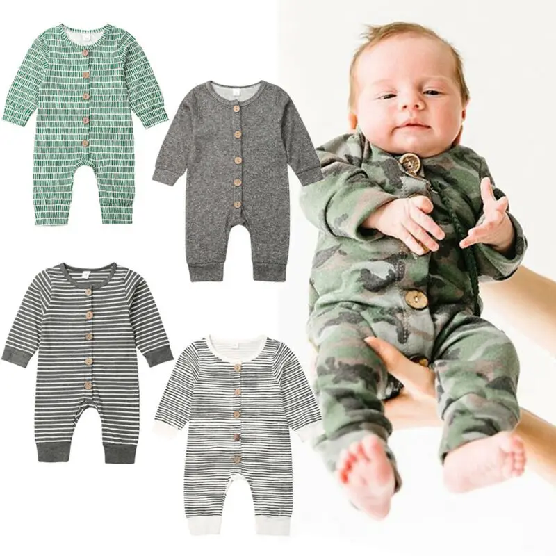 0-18months Newborn Baby Boys Clothes 2019 Autumn Baby Boys Rompers Solid Long Sleeve Button Camouflage Baby Boys Jumpsuits Suits