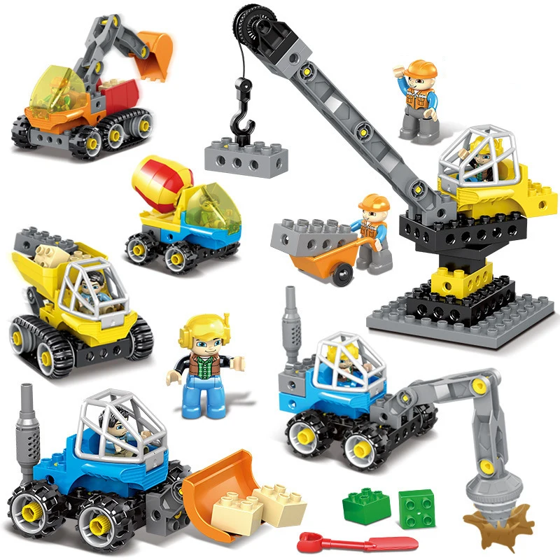 

New DIY Large Particles Engineering Excavator Crane Building Blocks Compatible Legoes Duploe City Construction Vehicles Toys