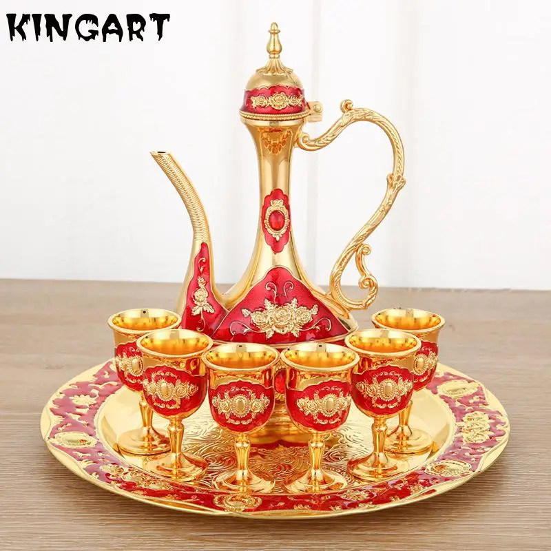 

Zinc Alloy Tea Cup Luxury Silver Wine Pot Home Decor Wedding Wine Racks Set Tea Pot Set Sliver Wedding Wine Pot W/ Gold Plate