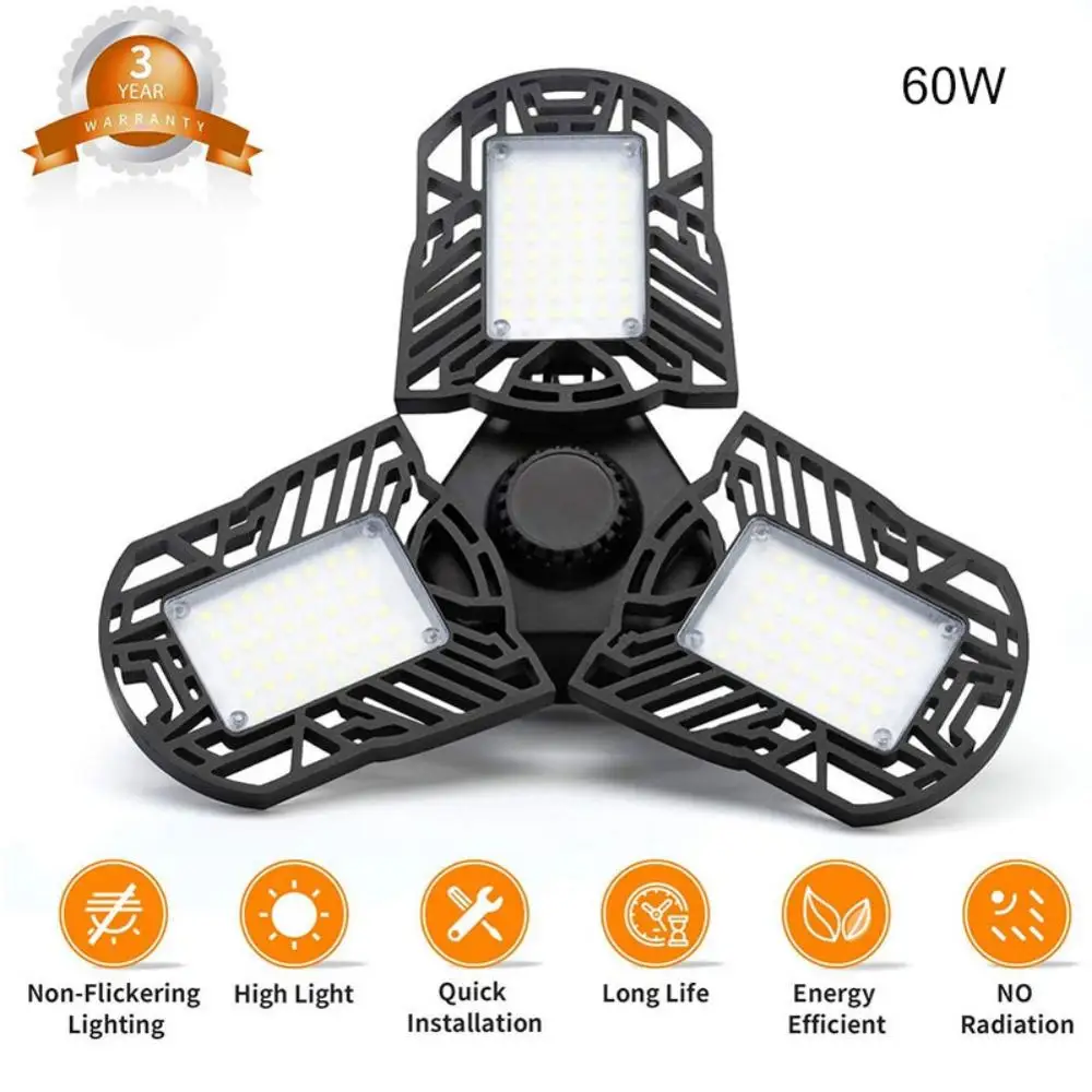 60W Black Светодиодный светильник для гаража s 80 Вт 60 Вт деформируемый гаражный потолочный светильник 6000лм E26 подвальный светильник с 3 регулируемыми панелями светодиодный светильник лампы - Цвет: 60W Black
