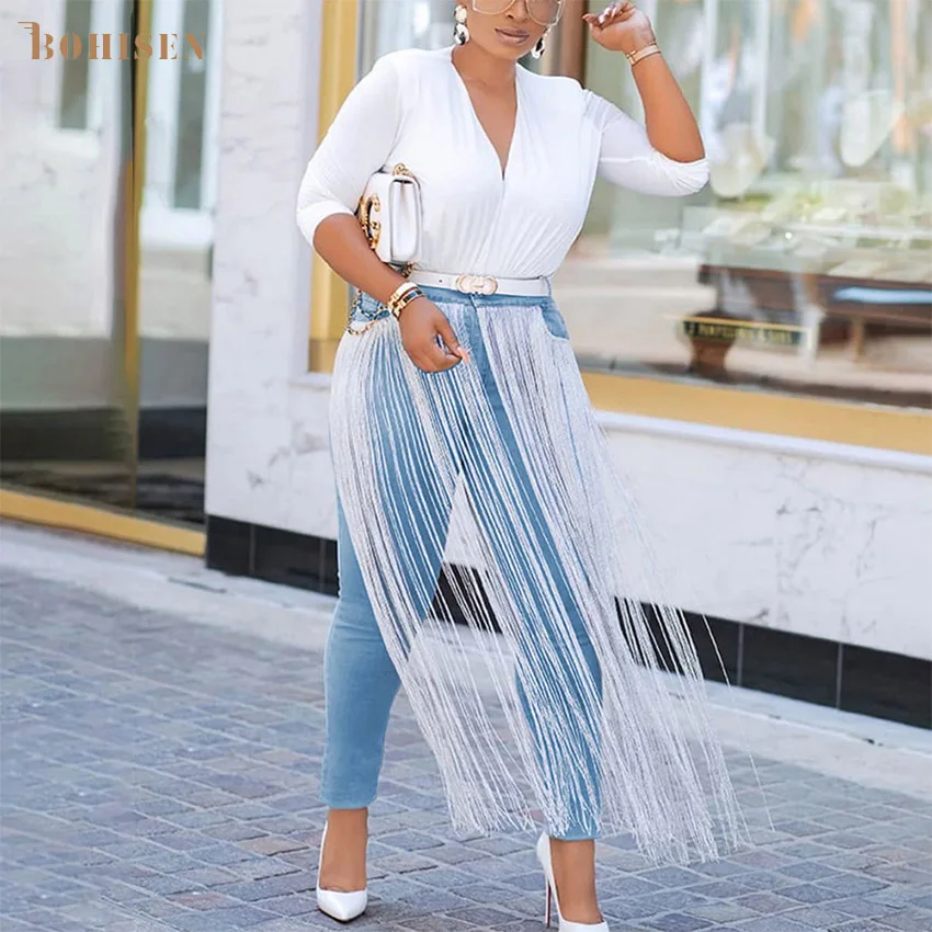 

BOHISEN Dashiki African Jeans For Women Mom Jeans High Waist Jeans Woman High Elastic Plus Size Stretch Pants With Decor