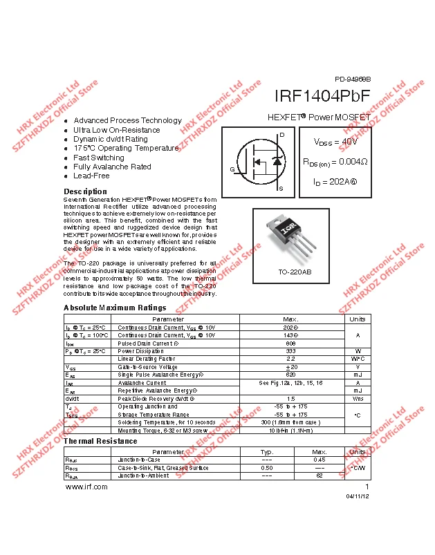 IRF1404PBF TO220 IRF1404-220 50 шт./трубки MOSFET 40V 202A(50 шт