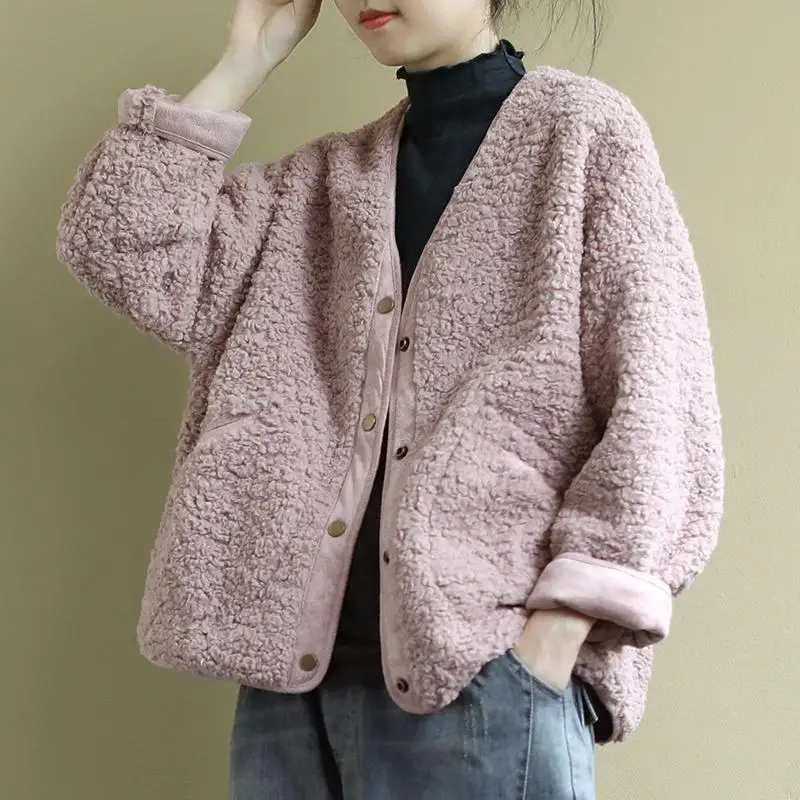 

Aransue Female Fur Coat Autumn And Winter New Cashmere Single Breasted Cotton Padded Jacket Pink Outwear Fashion Style