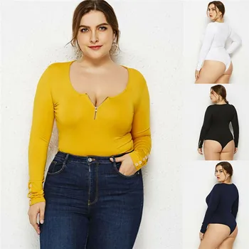 

Plus Size Women Long Sleeve Leotard Jumpsuit Bodysuit Tops 2019 Stretch Zip Tops Front Zipper V-neck Bodycon Bodysuit Outwear