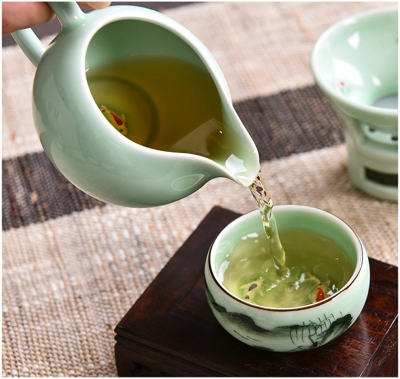 Celadon чай кунг-фу есть костюм Jindezhen ручной Карп чашка Dehua керамика чайный набор
