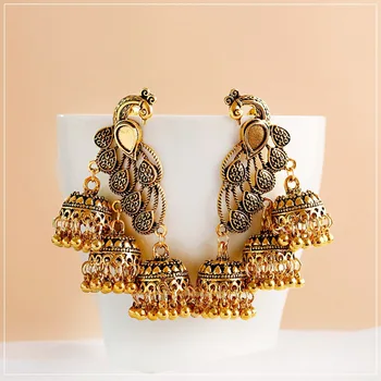 

Retro Bollywood Oxidized Gypsy Jewelry Women Ethnic Gold Afghan Birdcage Long Chain Tassel Peacock Carved Jhumka Indian Earrings