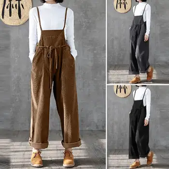 

ZANZEA Vintage Wide Leg Pants Female 2020 Rompers Women Jumpsuits Sleeveless Long Playsuits Elegant Solid Corduroy Overalls 7