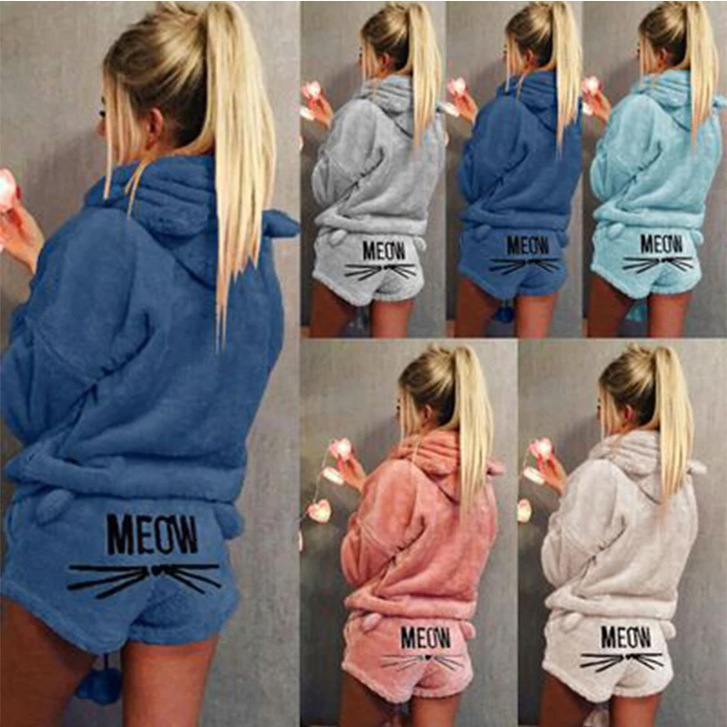 silk pj set Women Coral Velvet Pajamas Set Autumn Winter Warm Pajamas Two Piece Set Sleepwear Cute Cat Meow Pattern Hoodies Shorts Set silk pjs