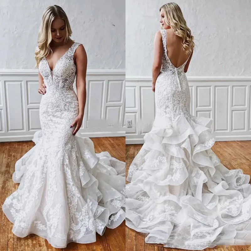

Sexy Mermaid Lace Backless Wedding Dresses 2020 Deep V Neck Beach Bridal Gowns Ruffled Skirt Plus Size Boho Vestidos De Novia